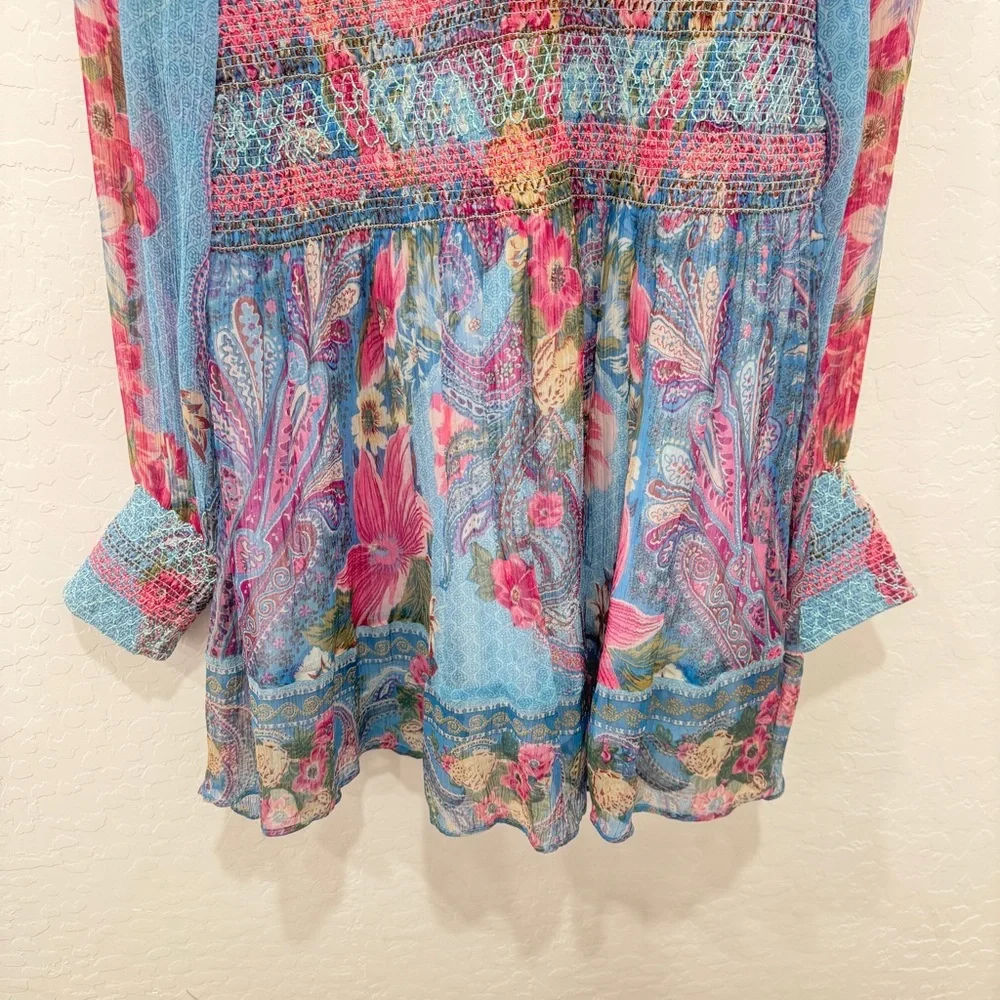Ritu Kumar Tunic Blouse Womens Small Smocked Floral Paisley Spring Summer Boho - Picture 3 of 9